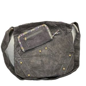 Y2K l.e.i. purse handbag black corduroy tote floral lining with matching wallet